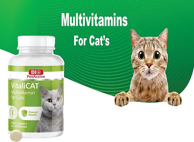 VitaliCAT Multivitamin for Cats, Skin and Coat Supplement, Cat Prenatal Health Supplies, Vitamin A + E + B9 + B5 + H + Biotin + Amino Acids for Cats, 150 Chewable Tablets