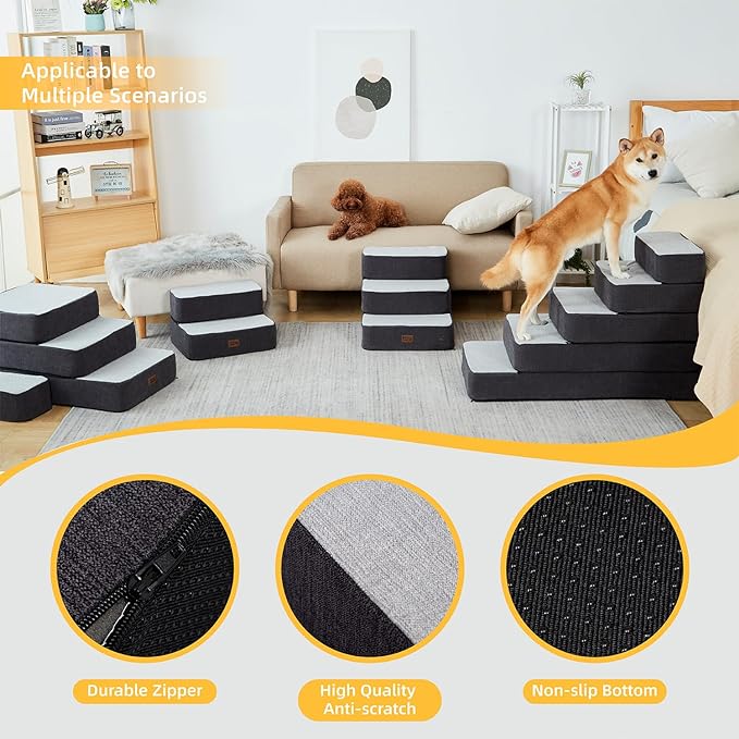 Dog Stairs for Small Dogs, Stitching Foam Pet Steps Extra Wide for High Beds Sofas and Chairs, DIY Pet Stairs Anti-skid Folding Dog Steps for Large Dog and Cats,2 Step, Grey