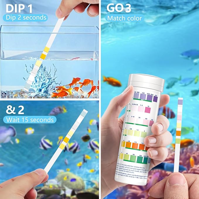 Aquarium Test Strips - Ammonia Test Kit for Aquarium - DIP & GO 6 in 1 Aquarium Water Test Kit for Freshwater, Fish Tank Water Testing Kit, 100 Strips