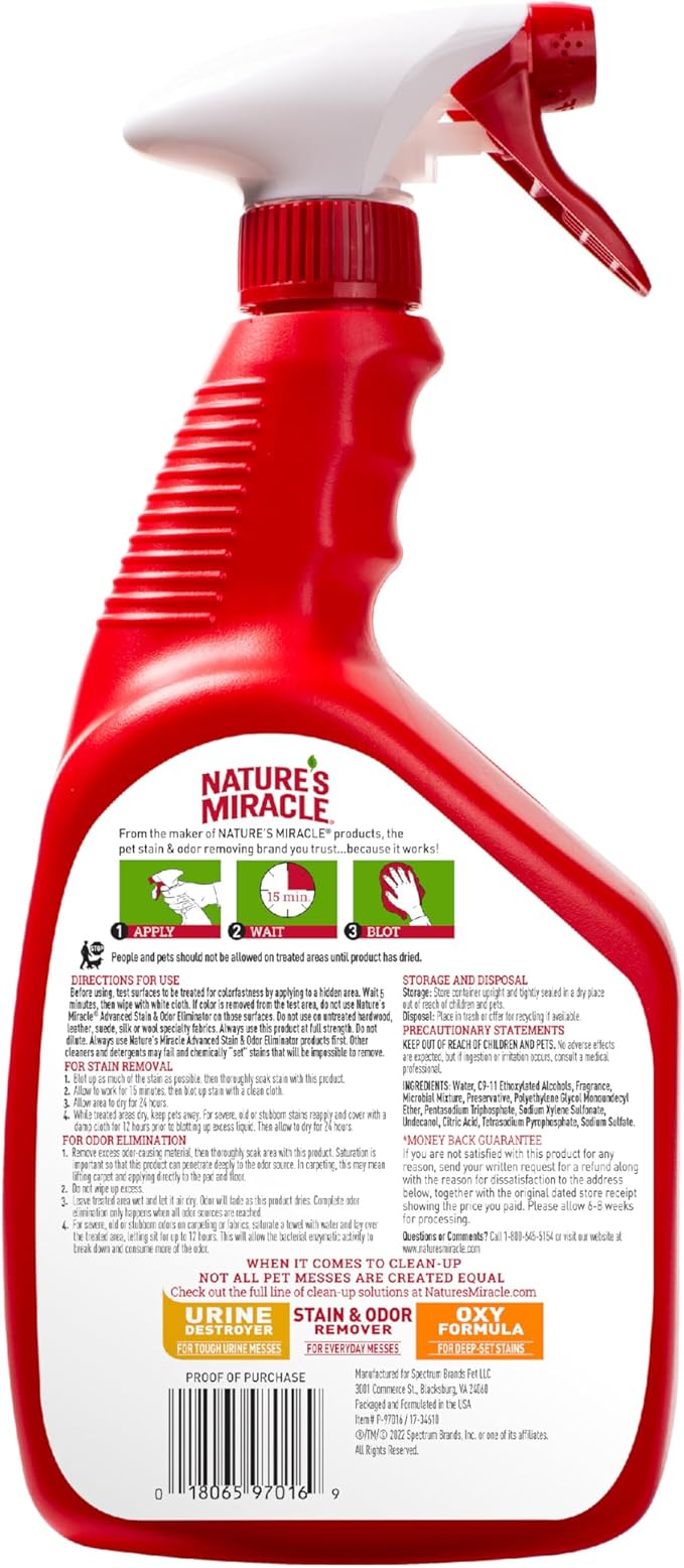 Nature’s Miracle Advanced Stain and Odor Eliminator Dog, 32 Ounces, Fresh Scent, Severe Mess Enzymatic Formula For Tough Pet Messes