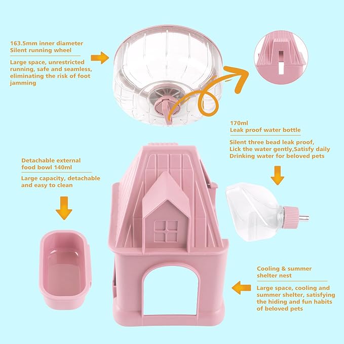 Silent Hamster Wheel Multifunctional Hamster Wheel Quite Running Spinner Wheel Accessories with Food Bowl Water Bottle for Hamsters Dwarf Gerbil (Pink)