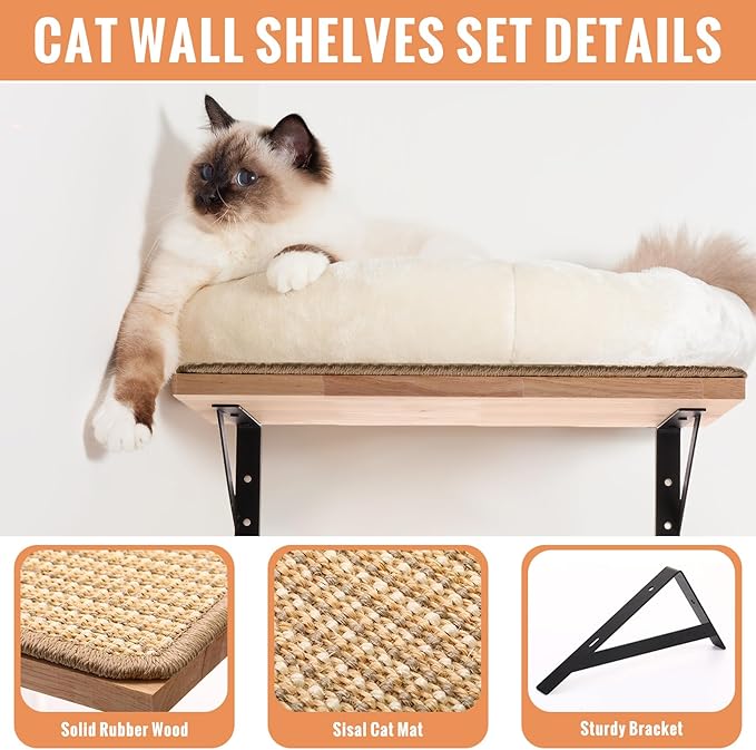 4 Pcs Floating Cat Wall Shelves with Cat Scratching Mat Wooden Cat Perches Indoor Cat Activity Wall Furniture Cats Climbing Steps Kitten Wall Mounted for Climbing Playing Scratching Perching