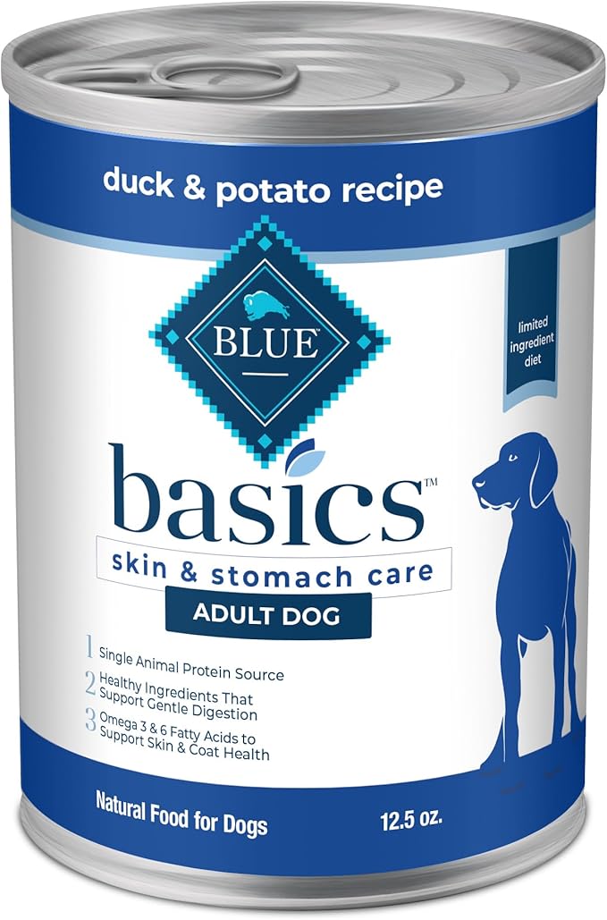 Blue Buffalo Basics Adult Grain-Free Wet Dog Food for Skin & Stomach Care, Limited Ingredient Diet, Duck & Potato Recipe, 12.5-oz. Cans (12 Count)