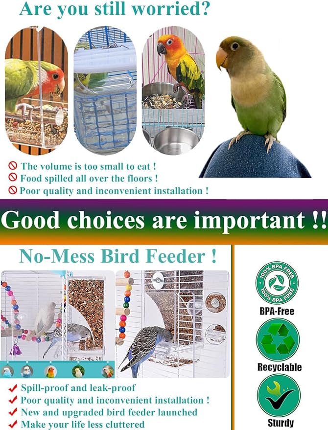 No Mess Bird Feeder Water Dispenser Set, Automatic Parrot Feeder Cage Accessories, Clear Parakeet Seed Container Food Feeder Drinker for Cage, Cockatiel Finch Lovebirds Budgies Canary (Blue)