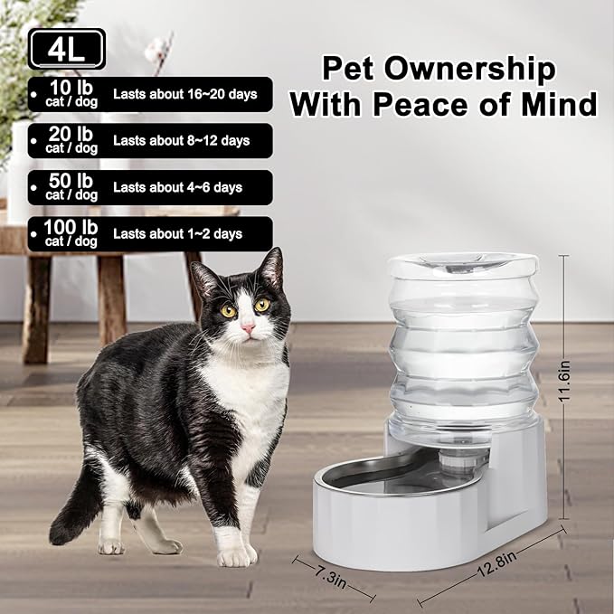 RIZZARI Automatic 4L Pet Waterer, Gravity Dog Water Bowl Dispenser, Stainless Steel Cat Water Dispenser, Large Capacity Water Feeder for Small and Medium-Sized Cats and Dogs (4L)