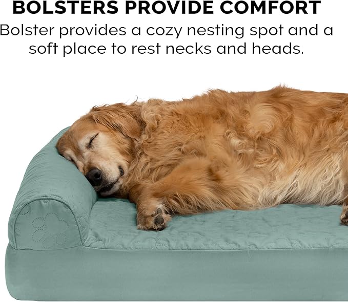 Furhaven Memory Foam Dog Bed for Large/Medium Dogs w/ Removable Bolsters & Washable Cover, For Dogs Up to 55 lbs - Pinsonic Quilted Paw L Shaped Chaise - Iceberg Green, Large