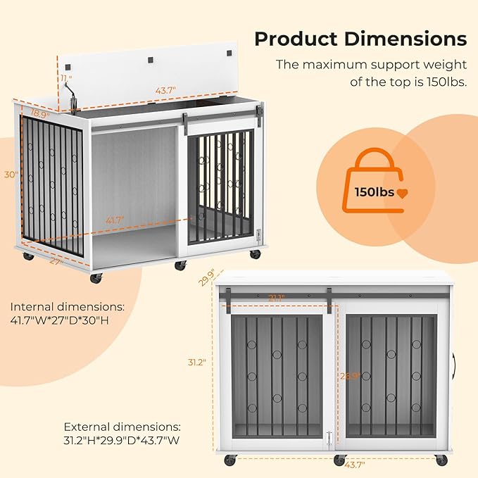 Furniture Style Dog Crate End Table with Sliding Barn Door, Indoor Dog Kennel Furniture with Removable Divider for 2 Small to Medium Pets, White, 43.7''W × 29.9''D × 31.2''H