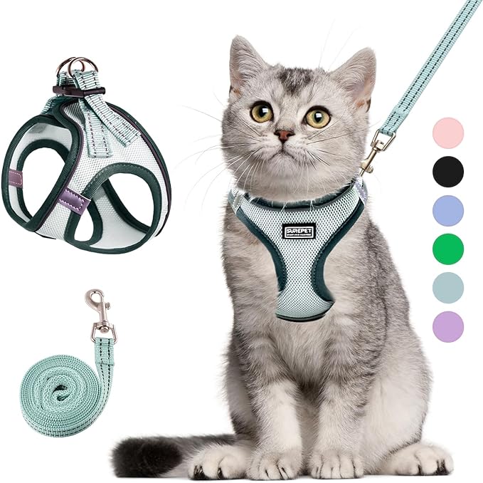 Cat Harness and Leash Set, Soft and Breathable Vest with Reflective Strip, Escape Proof Kitten Harness, Easy to Wear for Cats Walking and Traveling (Light Green, M)