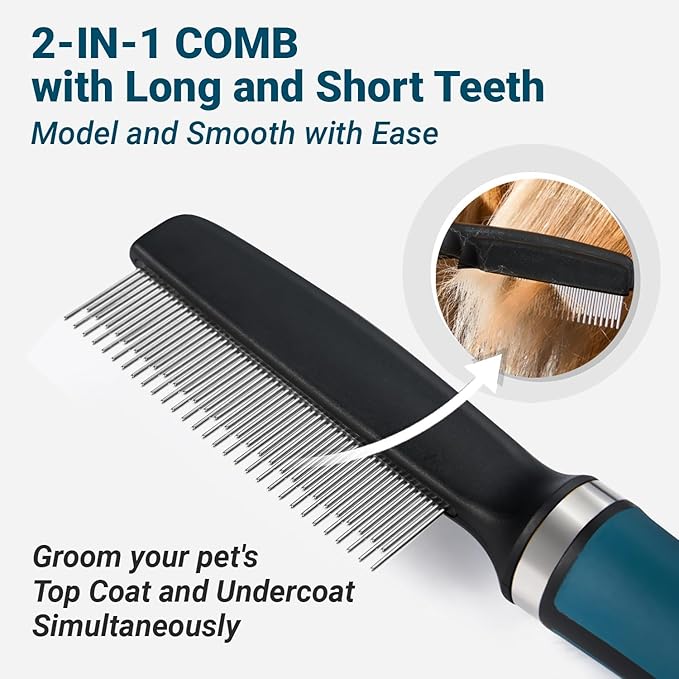 Deshedding Dog Brush Dog Comb Combo, Professional Undercoat Rake, Pet Grooming Brush for Dog Cat Grooming Supplies, Dematting Deshedding Brush Dogs Shedding Tool for Long Matted Haired Pets