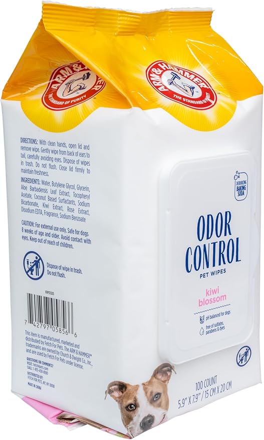 Arm & Hammer for Pets Odor Control Wipes for Dogs, Best Odor Eliminating Waterless Cleaning for Dogs & Puppies | Kiwi Blossom Scent, 100 Count