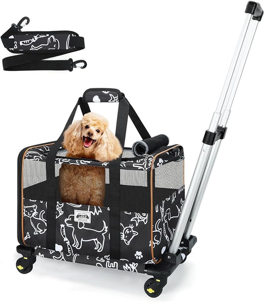 Lekereise Cat Carrier with Wheels for Small Pet, Airline Approved Dog Carrier with Wheels, Rolling Dog Cat Carrier, Black with Pattern