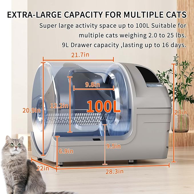 Automatic Cat Litter Box Self Cleaning 100L Extra Large Cat Litter Box with APP Control(2.4G/5G Wi-Fi) & Safe Alert & Smart Health Monitor, Odor Removal Litter Box for Multiple Cats, Grey