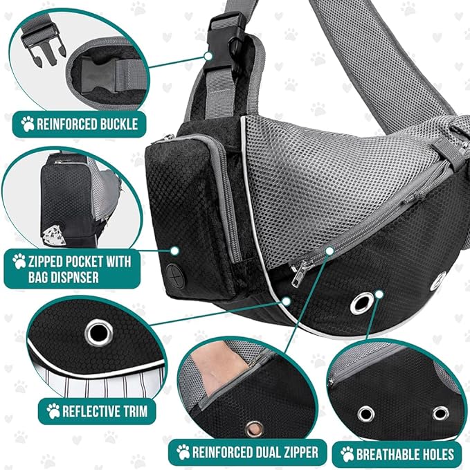 PetAmi Dog Sling Carrier for Small Dogs, Puppy Carrier Sling Purse, Dog Bags For Traveling, Carrying Bag to Wear Medium Cat, Adjustable Crossbody Pet Sling Travel, Poop Bag Dispenser, Max 5 lbs, Black