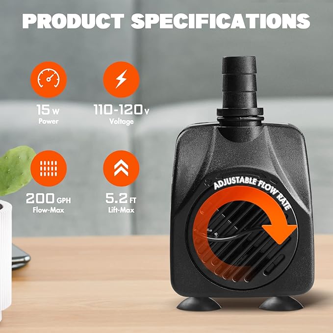 Simple Deluxe 200GPH Submersible Water Pump (760L/H, 15W) with Adjustable Intake, 5.2ft High Lift, 2 Nozzles, Perfect for Fish Tank, Pond, Aquarium, Hydroponics Black