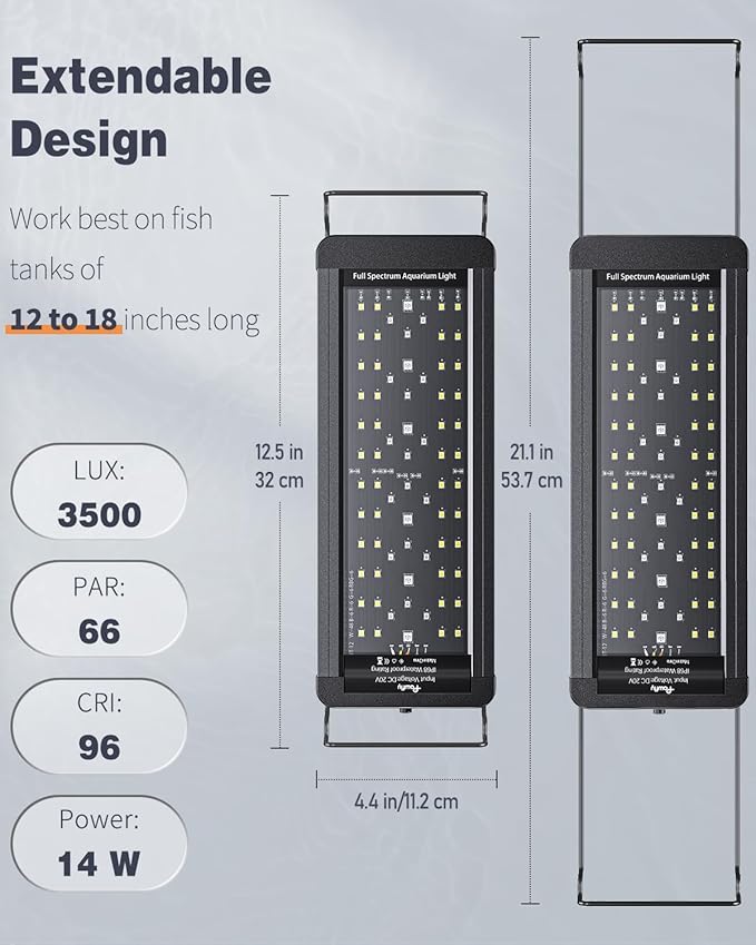 Pawfly 14 W Aquarium LED Light for 12" to 18" Tanks 24/7 Extendable Fish Tank Light with Full Spectrum IP68 Waterproof Light with D/N Mode Single Color Effects Timer and Adjustable Brightness