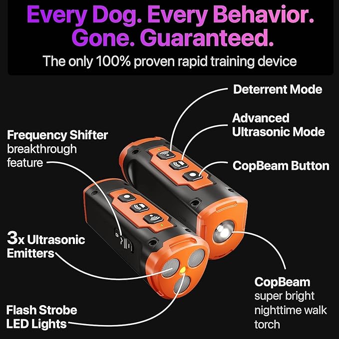 NPS Dog Bark Deterrent Devices w/ 3X Sonic emitters 50ft Range | Professional Dog Training Tool, Anti Bark Device for Dogs |Best Behavior Aid - Barking Silencer Indoor & Outdoor, Rechargeable