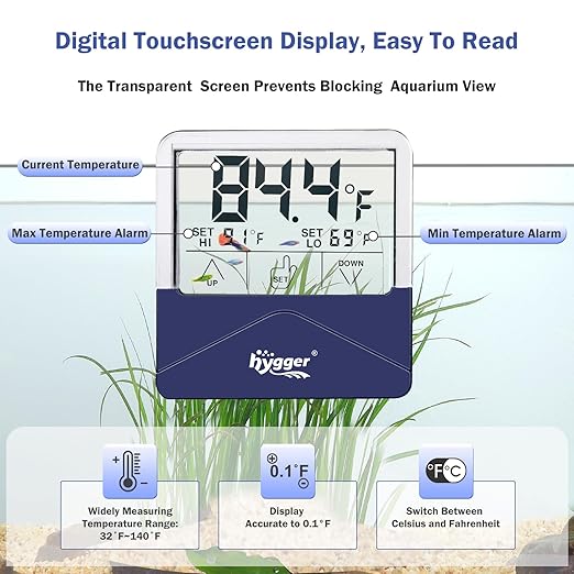 hygger Digital Aquarium Thermometer High and Low Temperature Alarm Sensor Gauge with LCD Touchscreen Stickable Fish Tank Thermometer for Saltwater, Freshwater, Fish, Amphibians, Reptiles