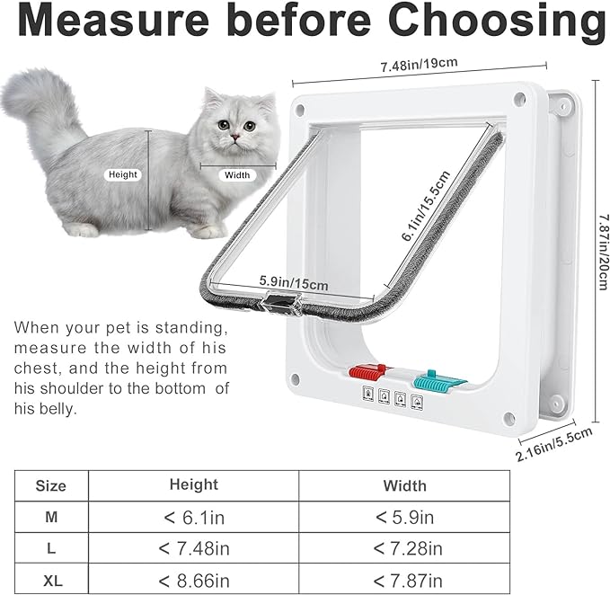 Cat Door, Safety Pet Door with 4 Way Lock, Weatherproof & Easy Installation Cat Flap Door for Interior Exterior Door, Window, Wall(Medium, 5.9in x 6.1in Flap)