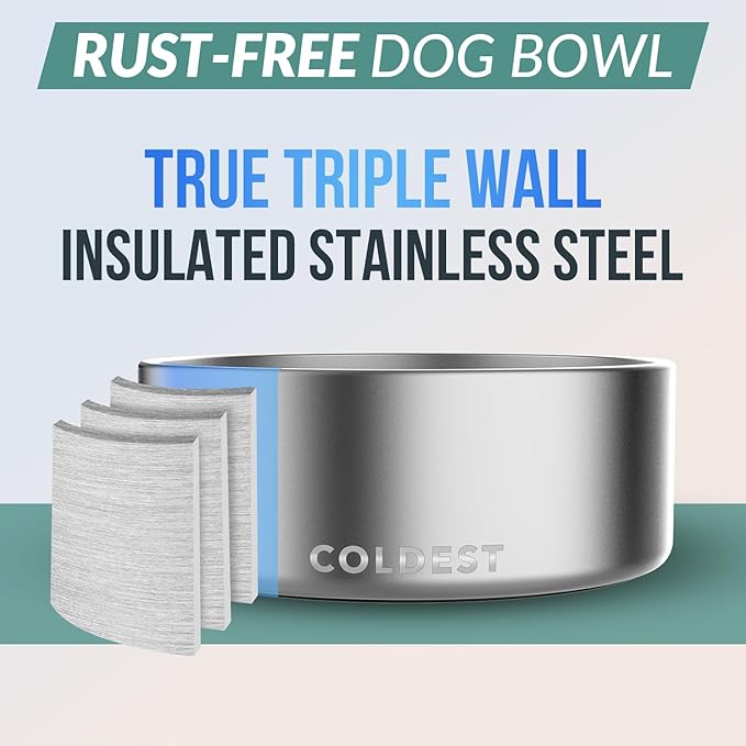 Coldest Dog Bowl, Anti Rust Metal & Non Slip Dog Bowls Large, Spill Proof Heavy Duty 3 Layers Insulated Dog Bowl, Food & Water Bowl for Dogs, Cats, Dishwasher Safe (64 oz, Polished Stainless Steel)