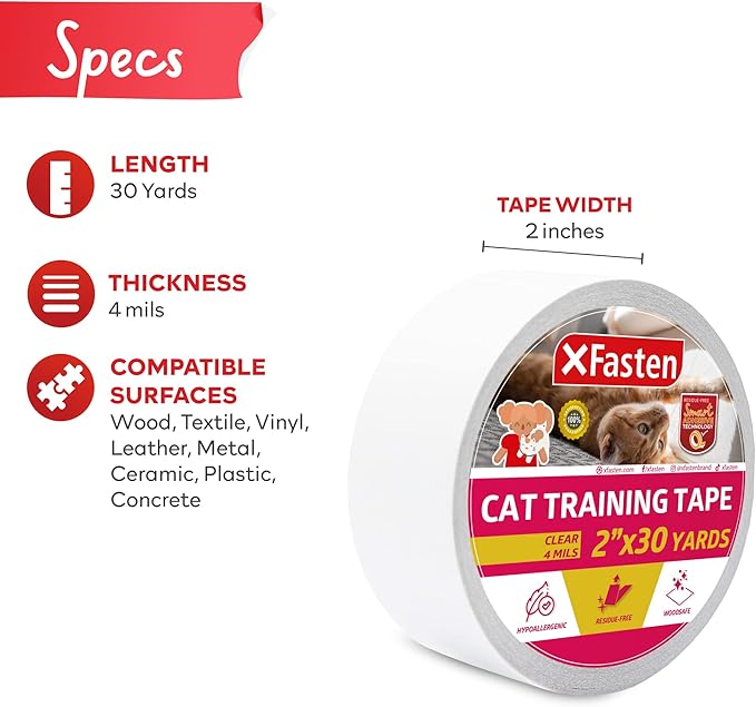 XFasten Anti-Scratch Cat Training Tape, Clear, 2-Inches x 30 Yards; Door, Kitty Paw Tape for Couch, Furniture and Leather Stop Scratching Guard Protector Tape for Cats