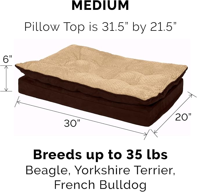 Furhaven Orthopedic Dog Bed for Medium/Small Dogs w/ Pillow Cushion Top & Removable Washable Cover, For Dogs Up to 35 lbs - Minky Plush & Suede Pillow Top Mattress - French Roast, Medium