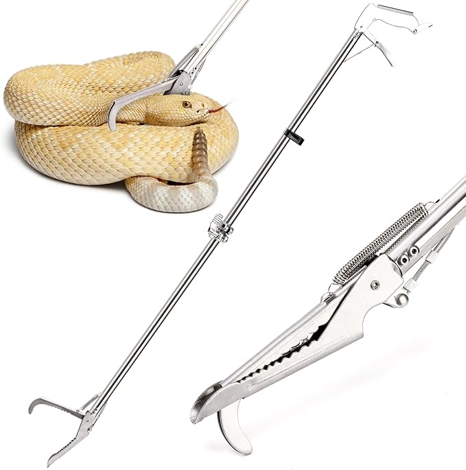 47" Professional Stainless Steel Snake Tongs, Collapsible Snake Reptile Grabber with Lock and Wide Jaw, Heavy Duty Rattle Snake Catcher Stick Handling Tool