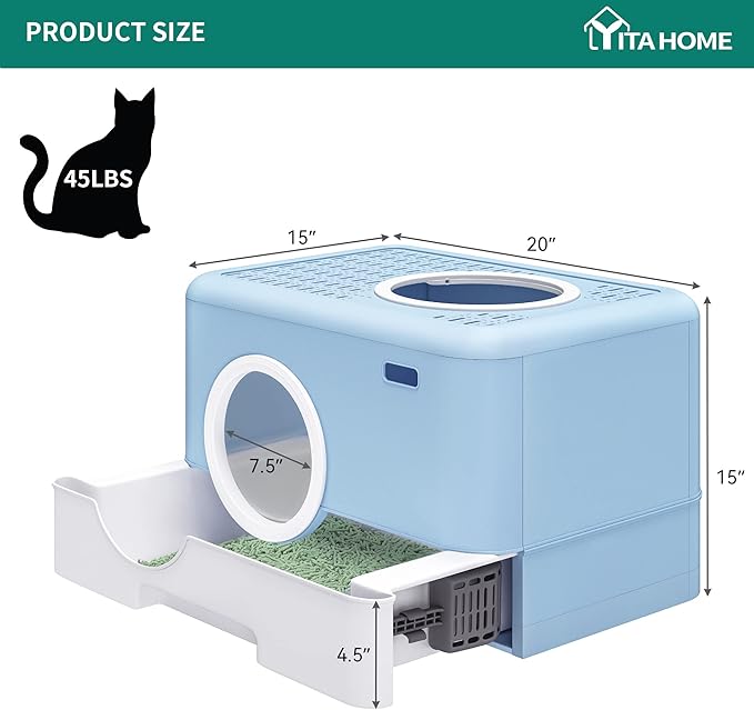 YITAHOME Large Enclosed Cat Litter Box with Lid Cover, Hooded Odorless Anti-Splashing Cat Toilet with Drawer Litter Scoop Front Entry Top Exit Door, Easy to Install and Clean