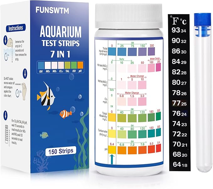 Aquarium Test Strips for Freshwater Fish: 7 in 1 Fish Tank Water Testing Kit for Aquarium Pond - Accurate Testing Nitrate Nitrite Hardness Free Chlorine pH Carbonate Total Alkalinity-150 Strips