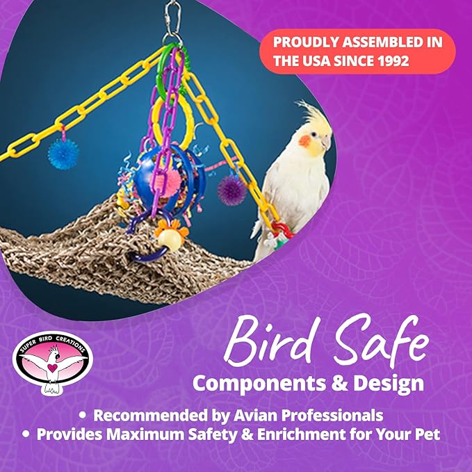 Super Bird Creations SB748 Flying Trapeze Bird Toy for Conures, Quakers, Caiques, Pionus, Senegals, Multi-Colored Chain, Seagrass Mat, Enrichment Toy - Medium Bird Size, 14" x 13" x 12"