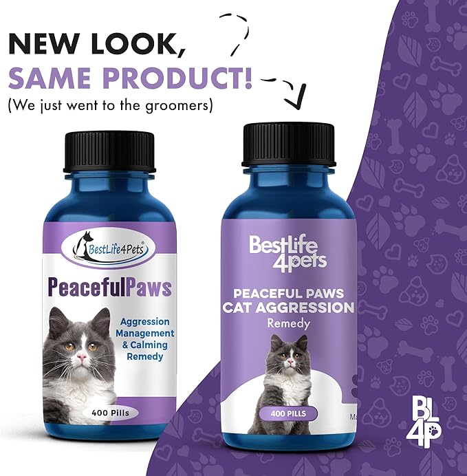 BestLife4Pets Peaceful Paws Cat Calming Pills Aggression & Anxiety Management for Stress, Spraying, Territorial Behavior - Natural Calming Solution for Cats - Non-Drowsy Relief