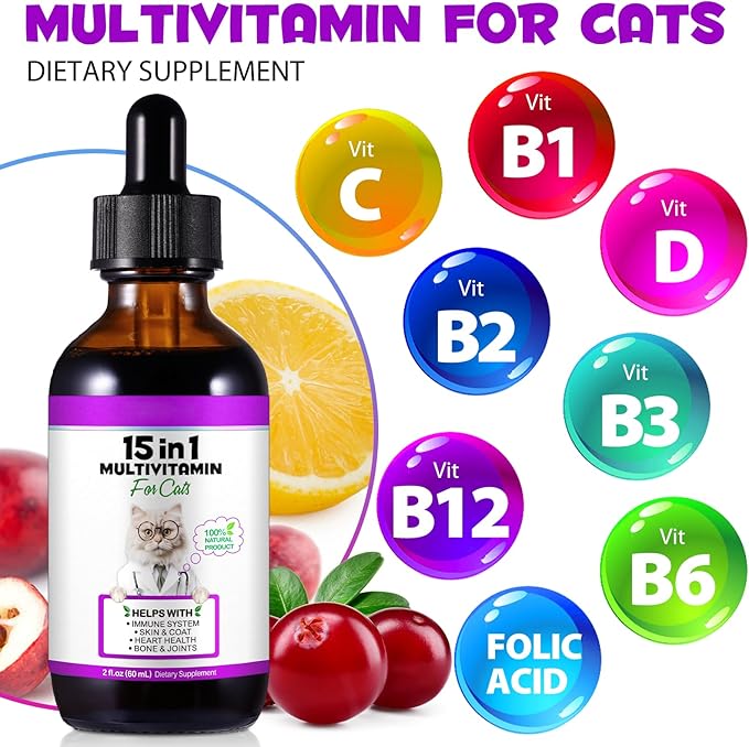 Cat Multivitamin - 15 in 1 Multivitamin Drops for Cats, Cat Supplements Vitamins with Glucosamine & MSM Supports Joint Care, Skin & Coat, Pets Supplies Vitamins for Cats, Bacon Flavor - 2 Fl Oz / 60ml