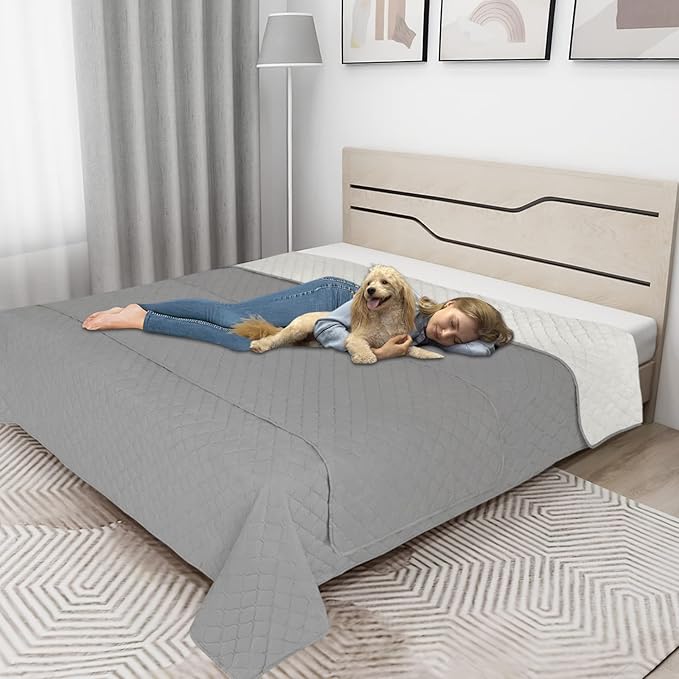 Easy-Going 100% Waterproof Dog Bed Cover Reversible Leak Proof Couch Cover Washable Sofa Cover Furniture Protector Blanket for Pets Kids Children Dog Cat (68x86 Inch, Light Gray/Ivory)