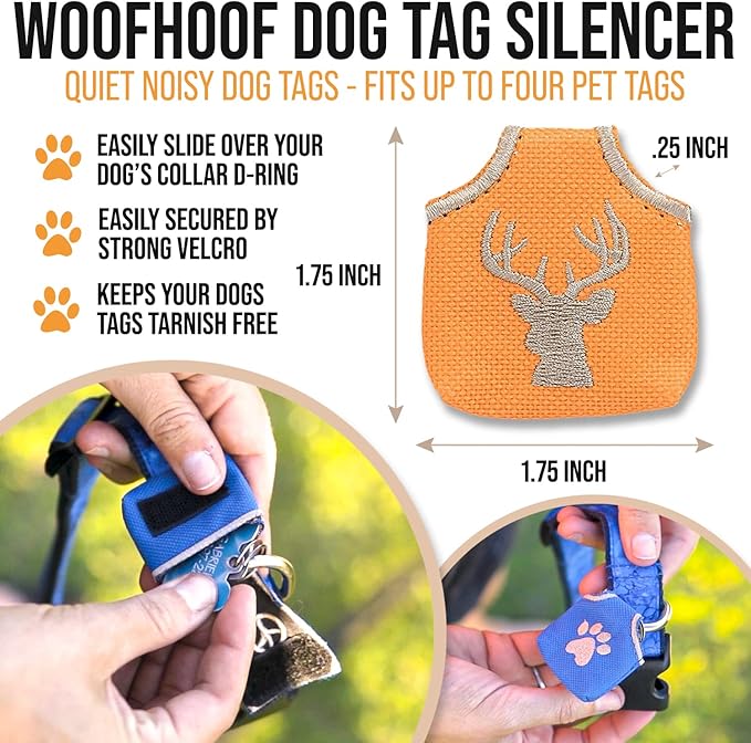 Dog Tag Cover, Orange Deer Head - Quiet Noisy Pet Tags - Fits Up to Four Pet IDs - Dog Tag Cover Protects Metal Pet IDs from Tarnish, Made of Durable Nylon, Universal Fit, Machine Washable