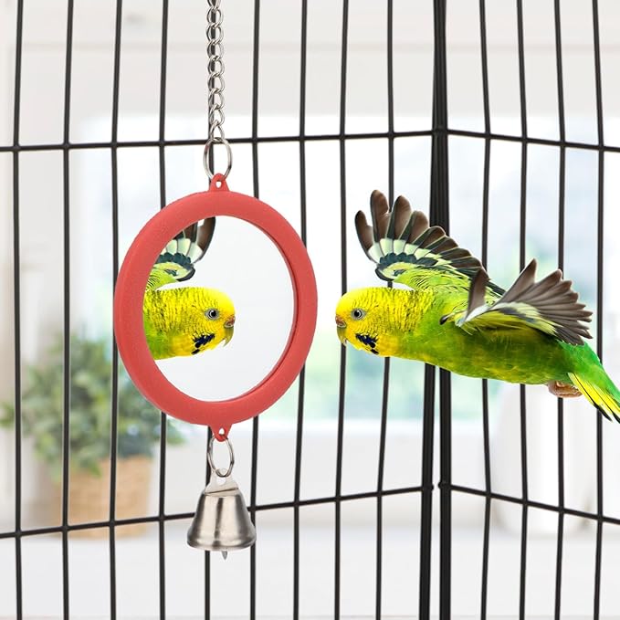 Pet Bird Mirror with Bell Interactive Parrot Toy Bird Cage Mirror for Cockatiel Parakeets Canaries Budgie (RED)