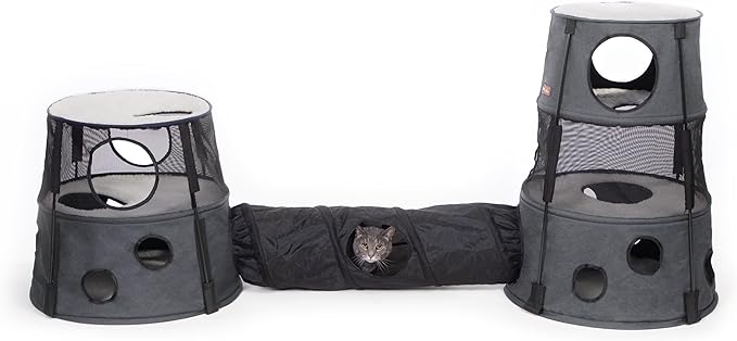 K&H Pet Products Cat Playground Bundle with 3 Level Tower + Straight Tunnel Tube + 2 Level Tower, Cat Tower Tree Condo for Indoor Cat Playground, Kitty Activity Tree Cave Cozy Hideaway Center, Gray