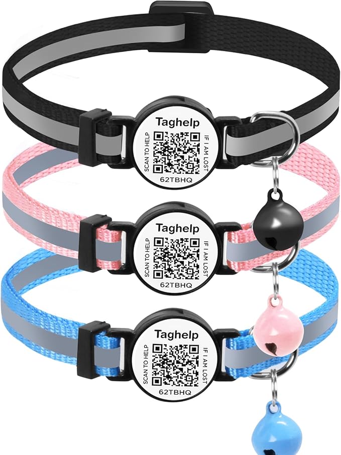 3 Pack Cotton Breakaway Cat Collars with Bell Reflective Strap, Lightweight Kitty Kitten Collars Pink Blue Collar for Female Girl Cats Male Boy Cats(Black & Blue & Pink)