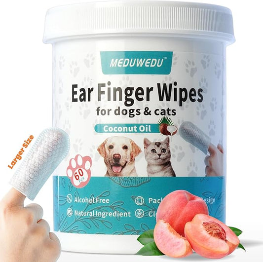 Wider Ear Cleaner Finger Wipes 60 Counts, Dog Ear Cleaner, Grooming Kit Care for Dogs and Cats,Otic Cleaning Pads, Remove Wax, Dirt & Stop Smelly, Itchy, Non-Irritating, Peach Scent