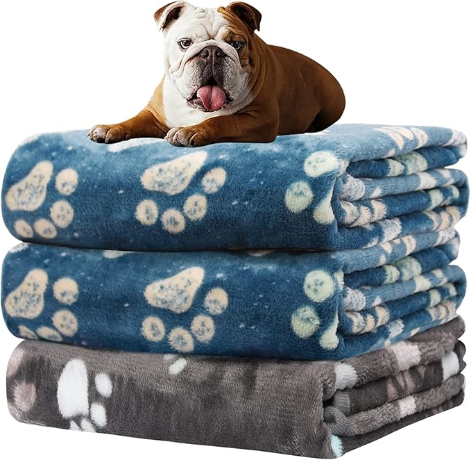 1 Pack 3 Blankets for Dogs, Dog Blankets for Large Dogs, Medium Dog Blanket Super Soft Fluffy Premium Fleece Pet Blanket Flannel Throw for Dog Puppy Cat Paw Blanket, Blue 2+Gray 1,20x30inch