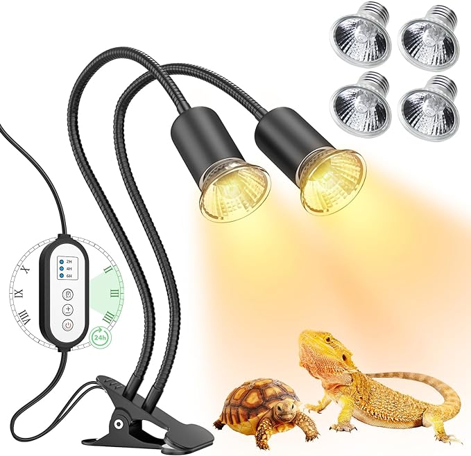 Reptile Heat Lamp, Dual-Head UVA/B Reptile Light with Cycle Timer, Basking Light for Reptile Turtle Bearded Dragon Lizards Snake, E26/27 Base with 4 Bulbs (2PCS 25W and 2PCS 50W)