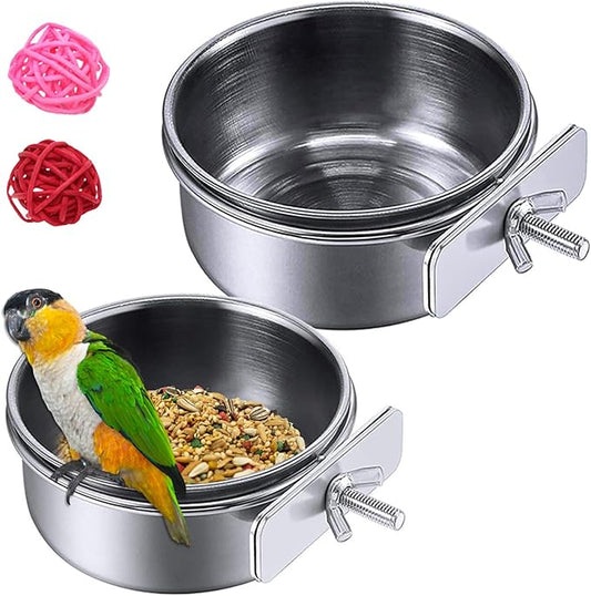 HERCOCCI Bird Feeder Dish Cup, Stainless Steel Parrot Food Bowl Feeding Coop Cups Clamp Holder, Bird Water Cage Bowl for Parakeet Lovebird Conure Cockatiel Budgie Chinchilla (4 Pieces)