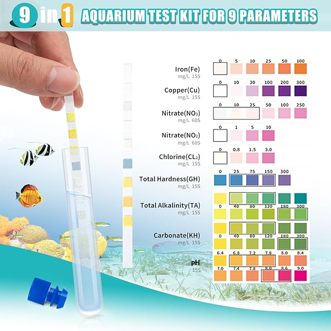 9 in 1 Aquarium Test Kit for Freshwater and Saltwater - 100 Aquarium Test Strips with Test Tube & Thermometer - Fast & Accurate Water Testing Strips for Aquarium/Pond/Pool