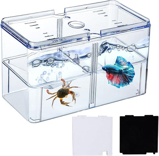 Small Betta Fish Tank, 3-in-1 Stackable Mini Fish Tank, Divided Compartments Beta Fish Tanks for 2 Betas Shrimp Sea Monkeys, 0.4 Gallon Acrylic Tiny Aquarium Tank with Hatchery Incubator
