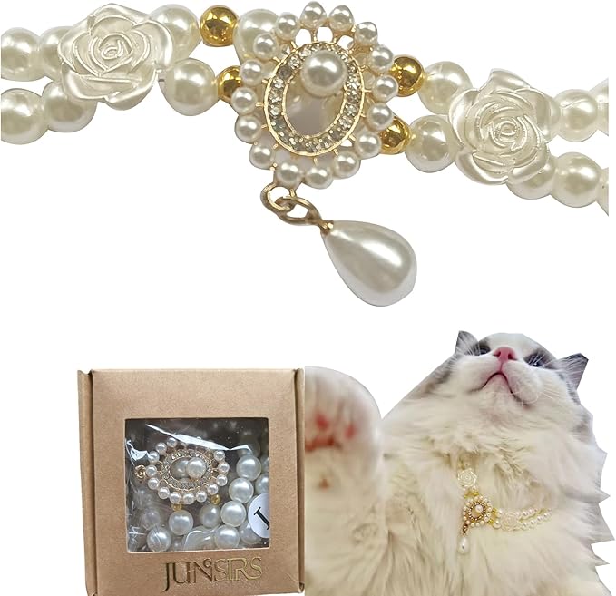 Cat and Dog Collar A Vintage Pearl for Pets, Elegant Decoration for Cats and Dogs (L)