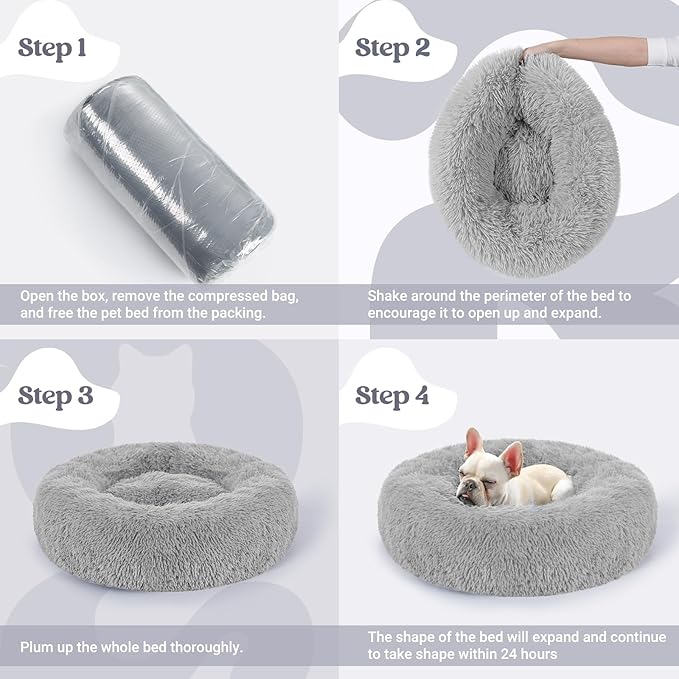 rabbitgoo Calming Dog Bed for Small Dog, 27 inches Pet Bed Washable, Fluffy Round Bed, Non-Slip Plush Large Cat Bed, Soft Cushion for Puppy, Light Grey