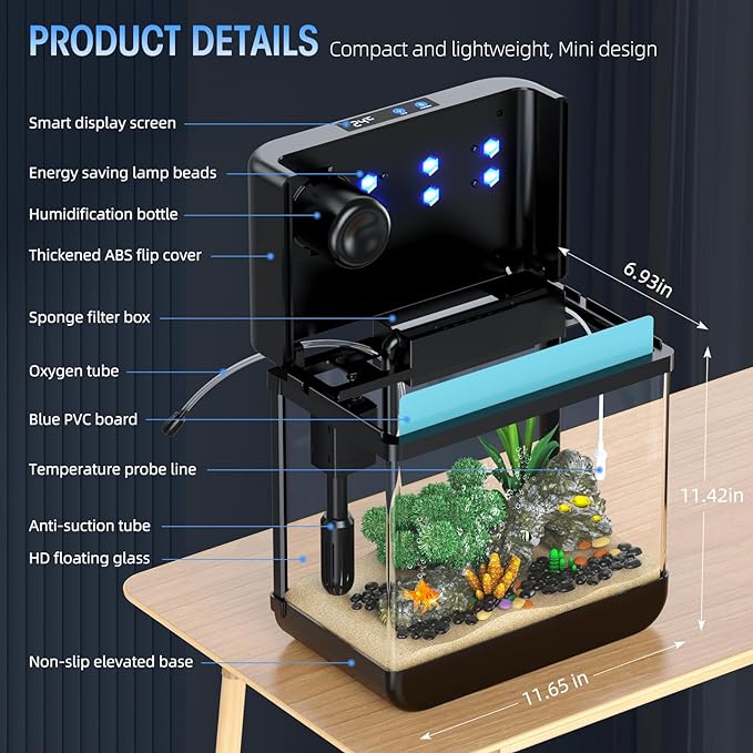 Fish Tank Aquarium 2.2 Gallon with Humidifier 7 Color Auto-Looping Light Self Cleaning 3 in 1 Pump with Filteration & Oxygenation & Circulation, Temperature Display, HD Float Glass, Thickened Base