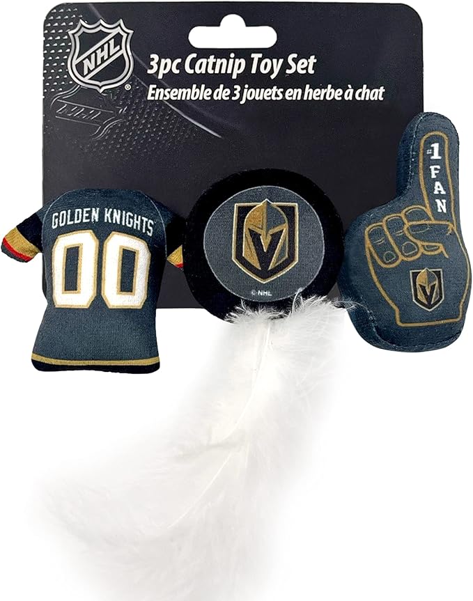 BEST PLUSH CAT TOY NHL LAS VEGAS GOLDEN KNIGHTS Complete Set of 3 piece Cat Toys filled with Fresh Catnip. Includes: 1 Jersey Cat Toy, 1 Hockey Puck Cat Toy with Feathers & 1 #1 Fan Cat Toy. Team LOGO