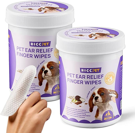 HICC PET Ear Finger Wipes for Dogs & Cats - Gently Remove Ear Wax, Debris - Sooths & Deodorizes - Relieve Ear Itching & Inflammation, Fresh Coconut Scent, All Natural Ingredients - 100 Count