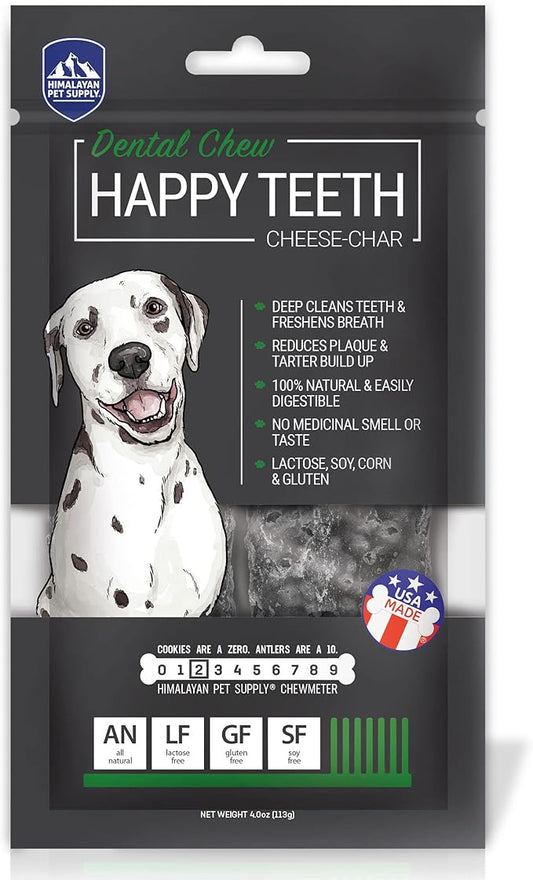 Happy Teeth Cheese & Charcoal Dental Dog Chews | Cheese Flavor with Activated Charcoal | Dental Chew | Protein Rich | Gluten Free - Lactose Free - Wheat Free - Soy Free| 2 Chews per Resealable Pouch