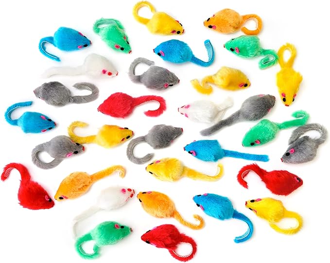 CHIWAVA 60PCS 4.1'' Furry Cat Toy Mice Rattle Small Mouse Kitten Interactive Play Assorted Color