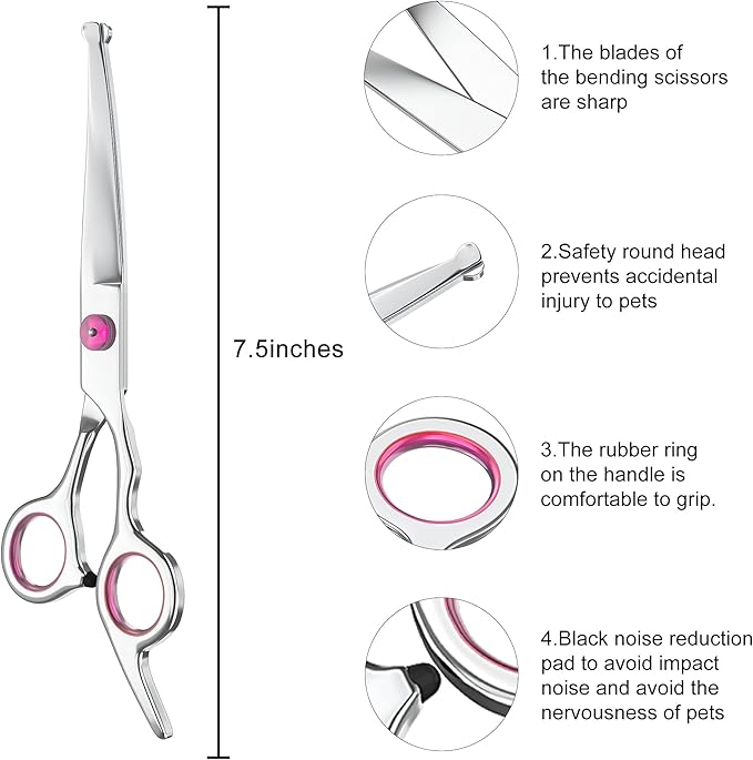 Petsvv 7.5" Curved Dog Grooming Scissors with Safety Round Tips, Light Weight Professional Pet Grooming Shears Stainless Steel for Dogs Cats Pets